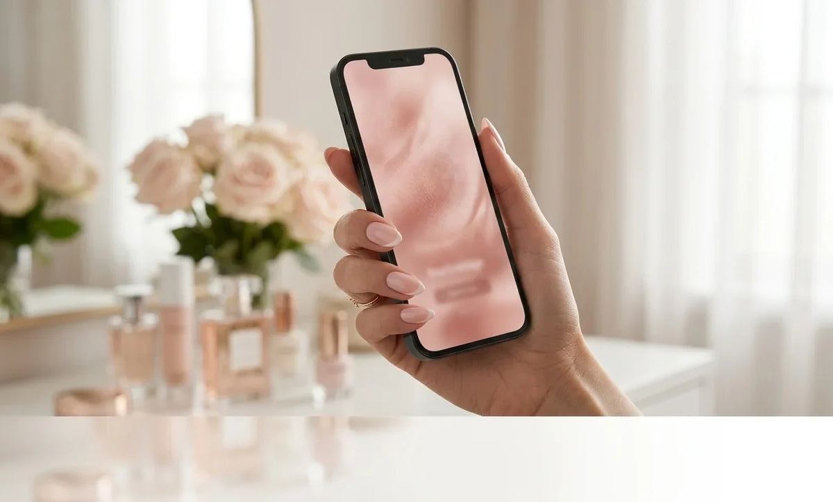 Hand met nuderoze press-on nagels houdt een telefoon met de XNails-app vast