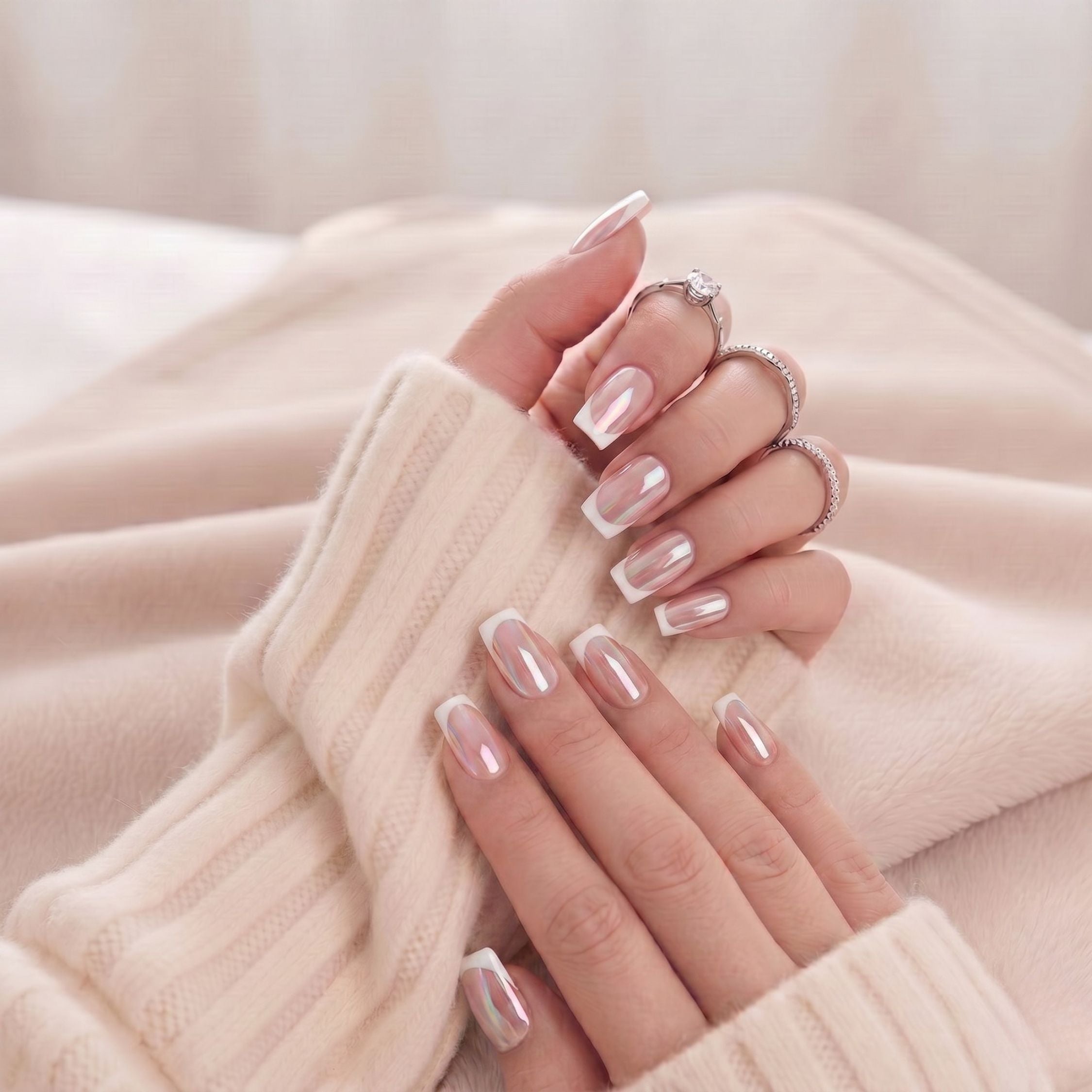 Classic Chrome korte vierkante press-on nagels. Nude basis met spiegelend chrome-effect en witte Franse manicure