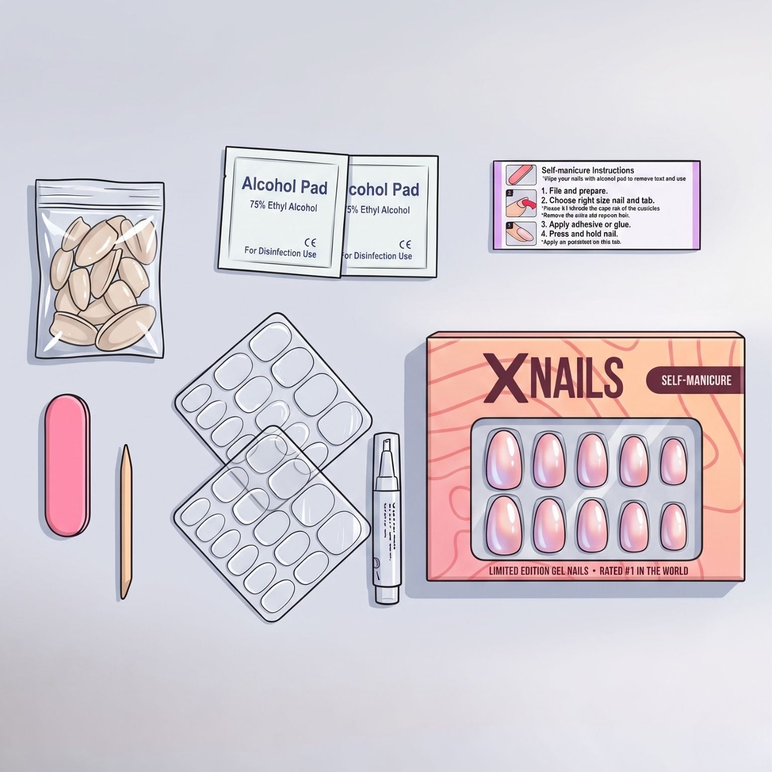 Illustratie van XNails zelf-manicure-kit met vijl, prep-pads, lijm en nagels