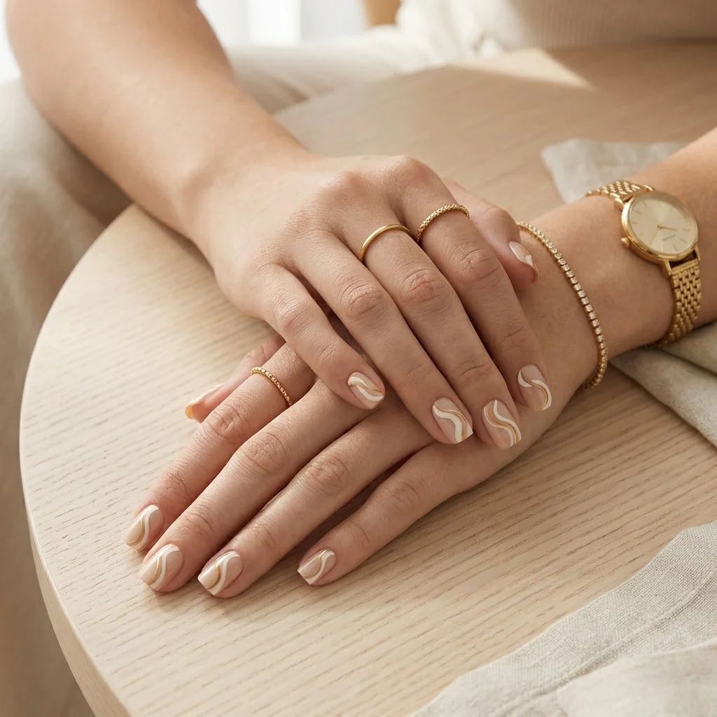 Nude press-on nagels met witte en beige golfpatronen. Elegante handen met gouden ringen en horloge.