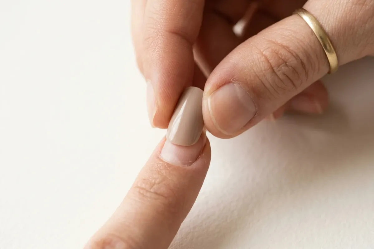 Hand plaatst een nude press-on nagel op de natuurlijke nagel