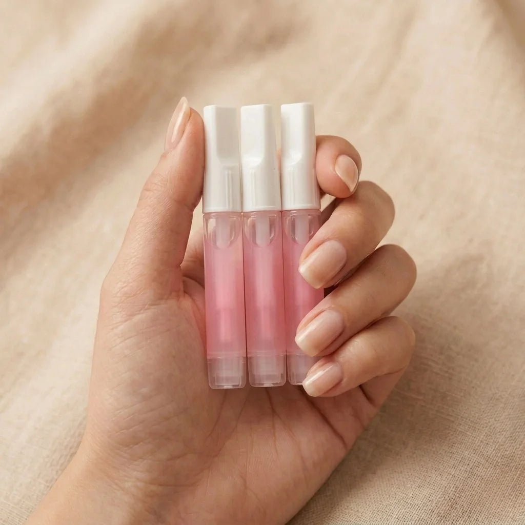 Glow Glue roze vloeibare nagellijm in de hand – drie tubes penseellijm voor press-on nagels