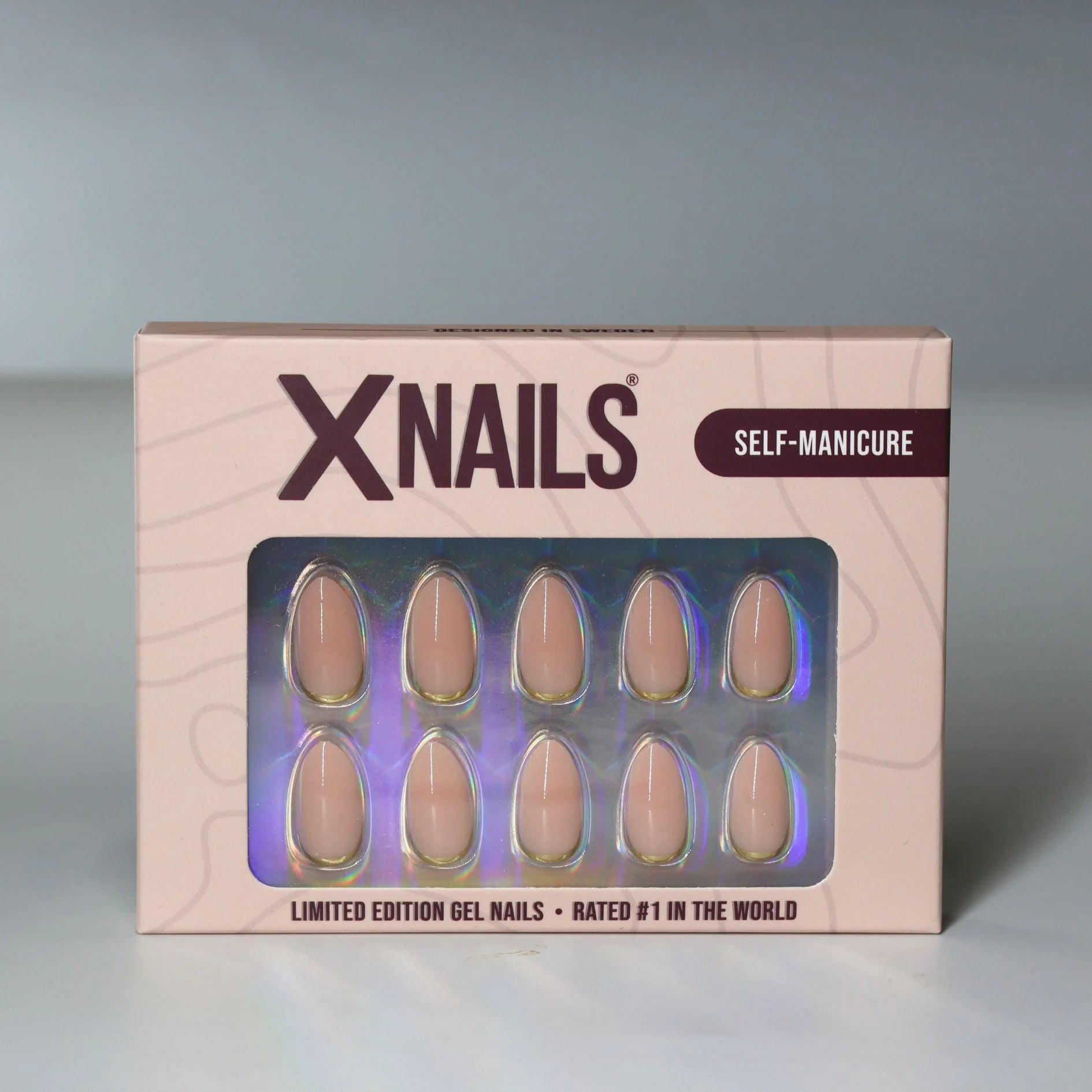 Golden Glimmer XNails verpakking – limited edition gelnagels in nude amandel met goud