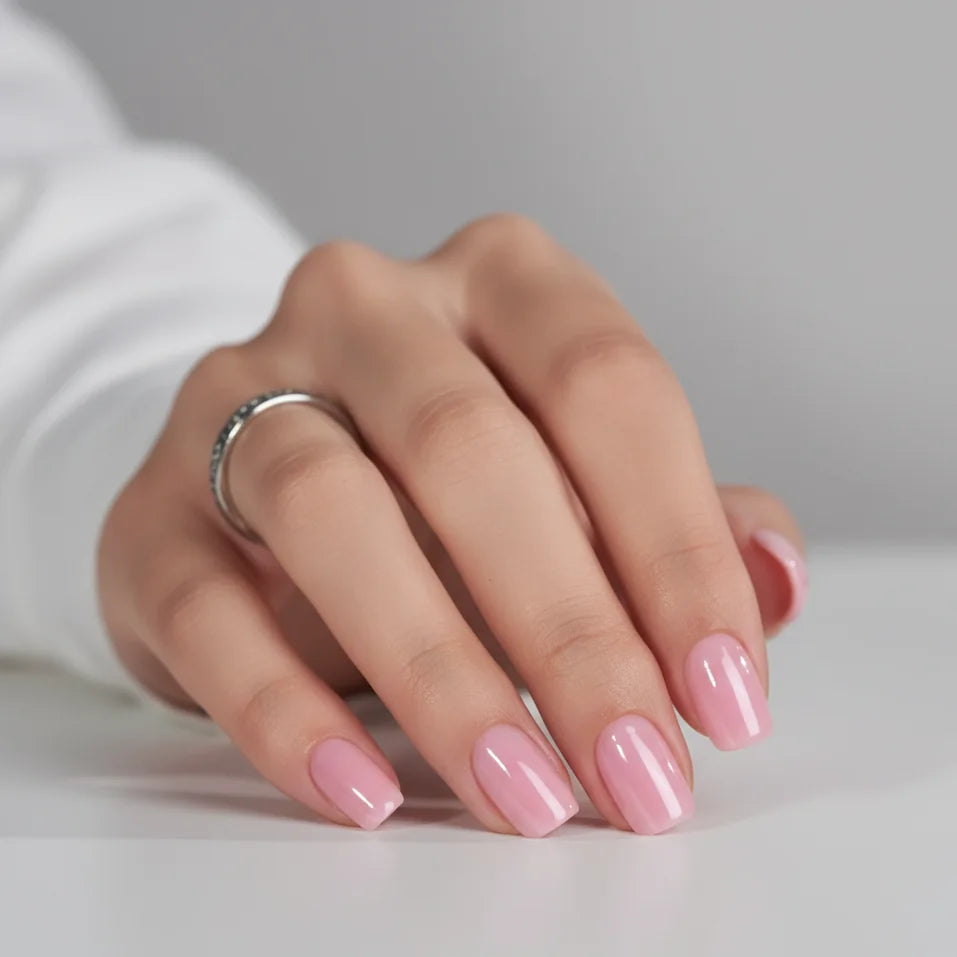 Pinkie Pearl korte square press-on nagels – lichtroze glans tegen witte blouse en grijze achtergrond