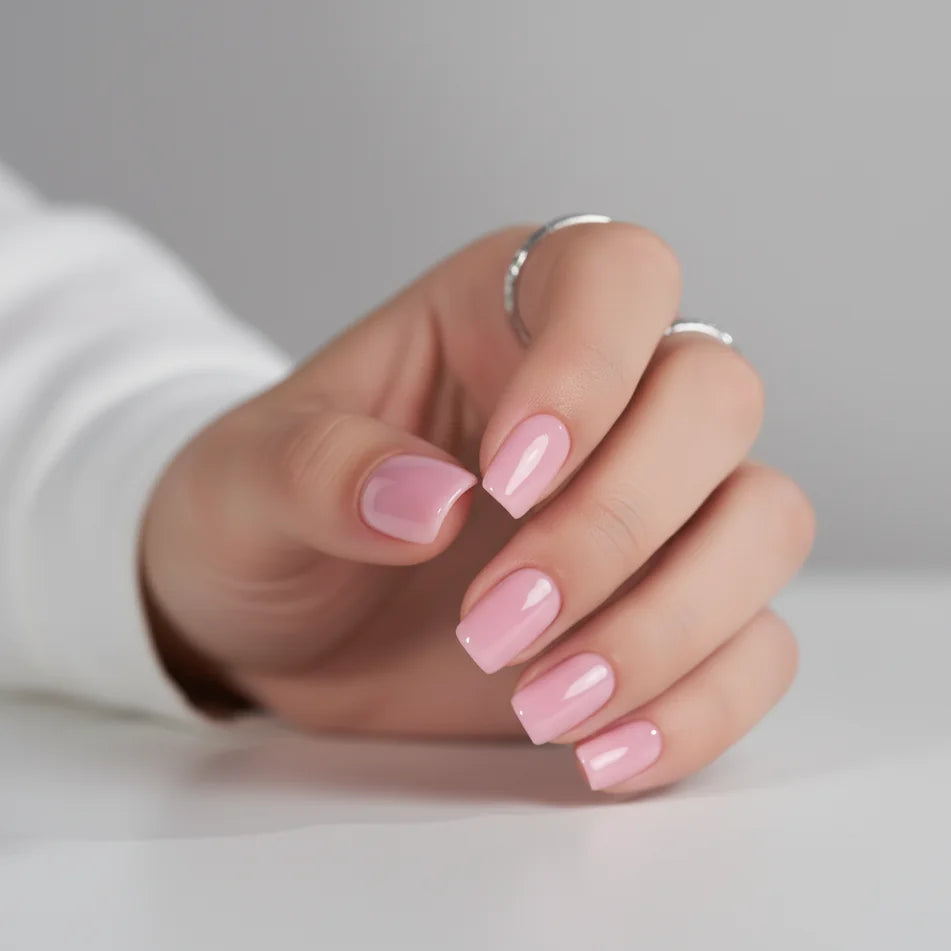 Pinkie Pearl press-on nagels close-up – glanzende roze parelbasis en zilveren ring met diamant