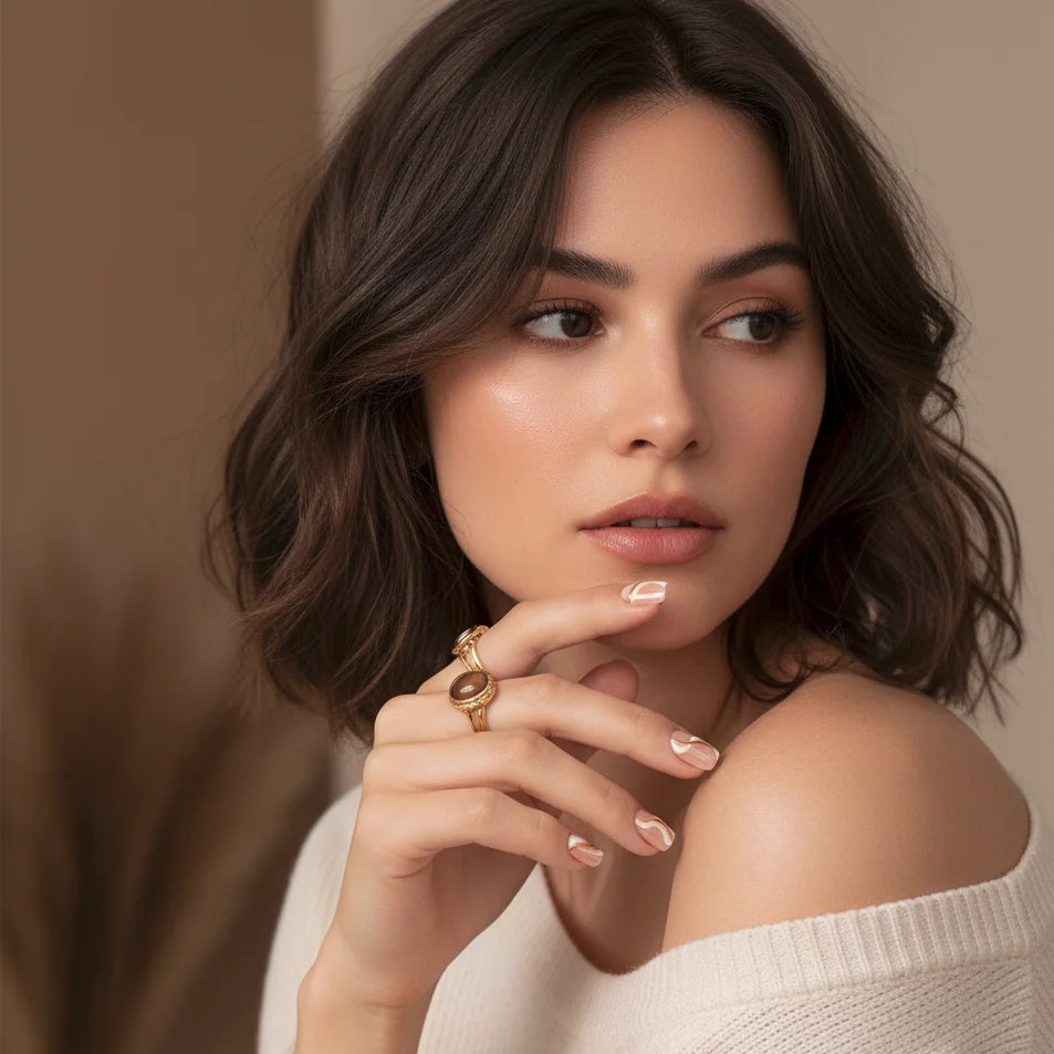 Model met Summer Swirl press-on nagels – nude vierkante gelnagels met gouden swirl tegen witte gebreide trui