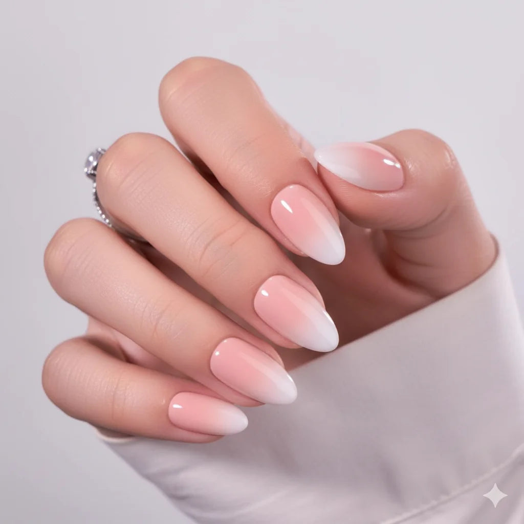 Dreamy Dip press-on nagels close-up – babyboomer ombre van roze basis naar witte tip