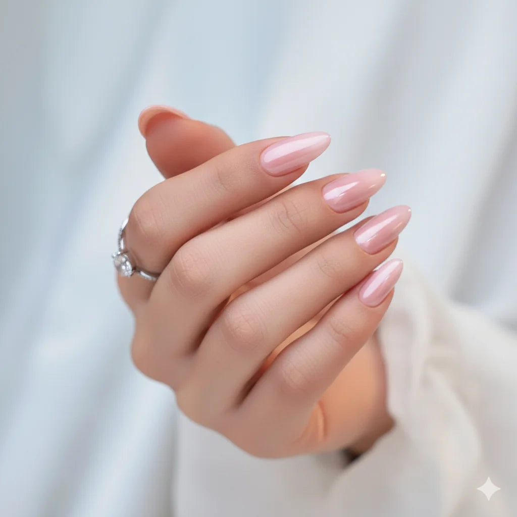 Pinkie Pearl amandelvormige press-on nagels – roze parelshimmer tegen licht satijn