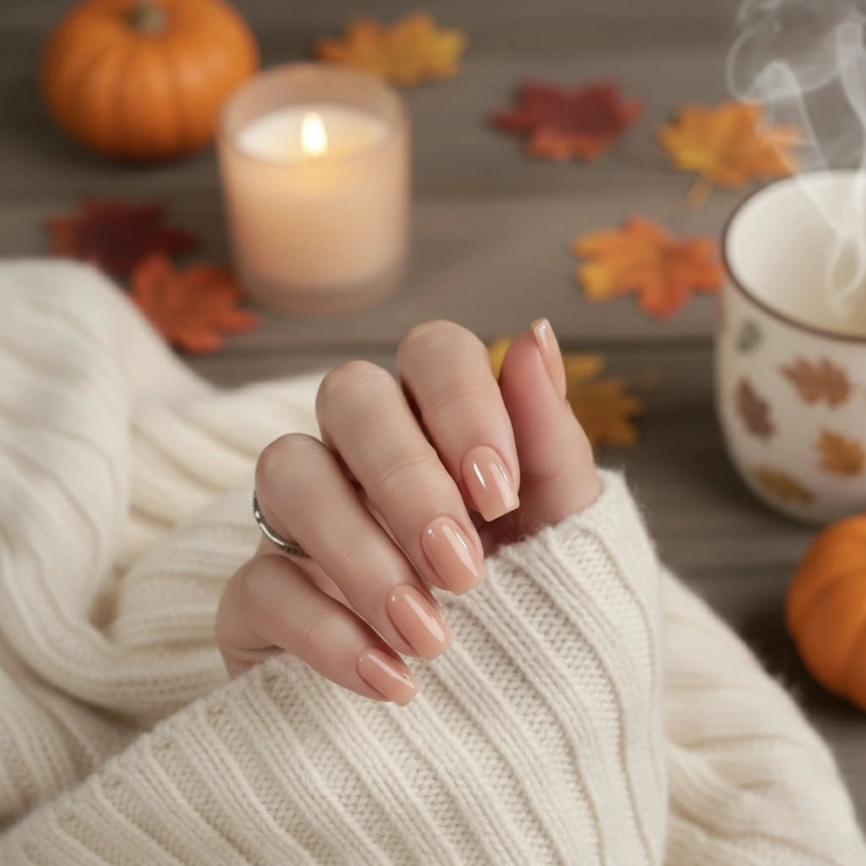 Honey Heaven kunstnagels lifestyle – korte vierkante nagels in herfstsfeer met kaarsen en trui