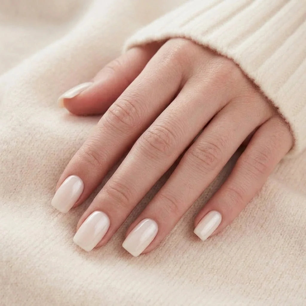 Pure Pearl nagels op hand – kort vierkant nude pearl tegen beige gebreide stof