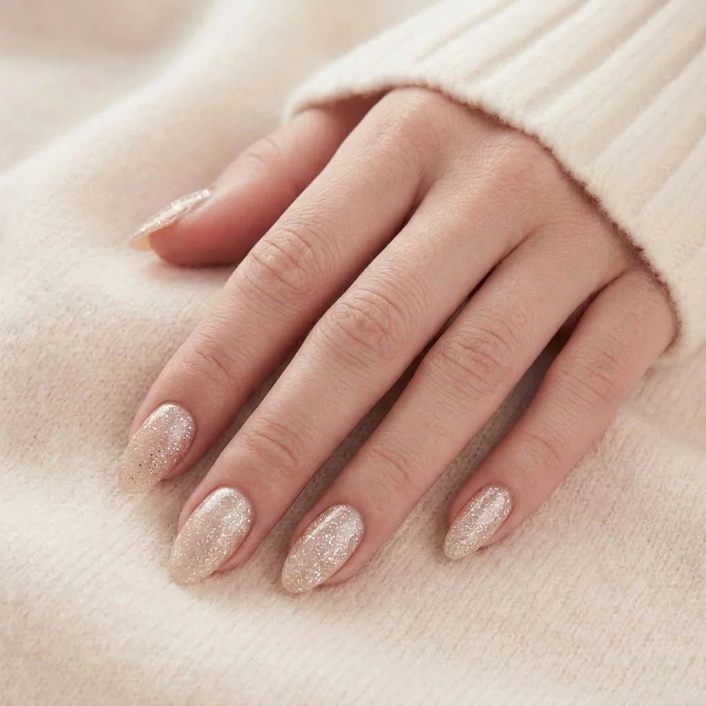 Candy Chrome nagels op hand – champagne zilver glitter in amandelvorm tegen beige gebreide stof