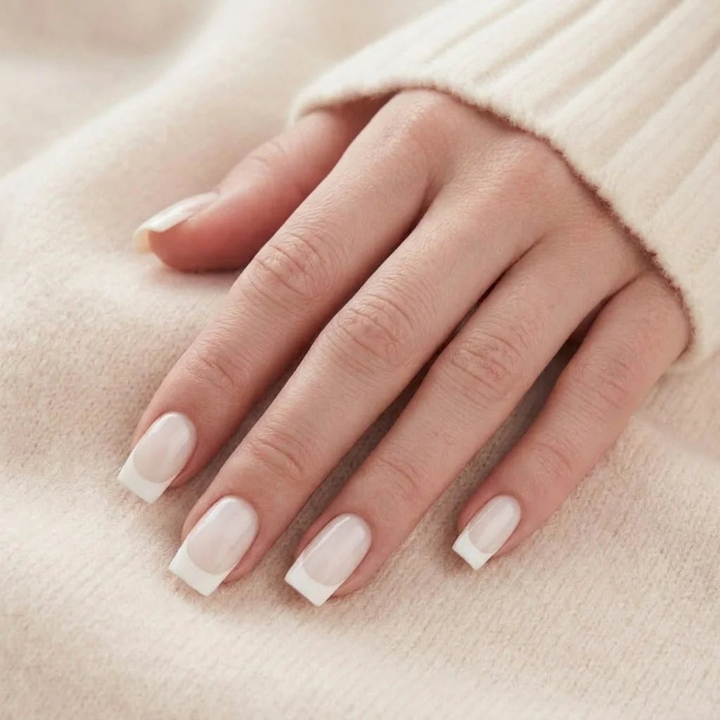 Frosted French nagels op hand – korte vierkante vorm met witte Franse tip tegen beige gebreide trui