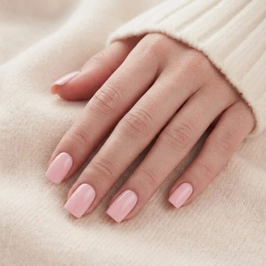Pinkie Pearl nagels op hand – parelroze korte square-nagels tegen beige gebreide trui