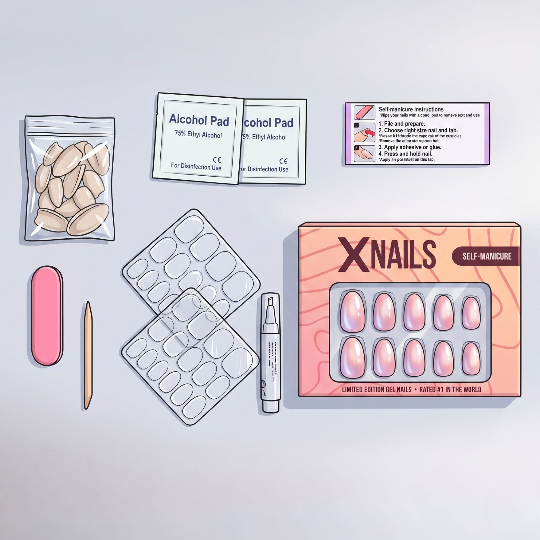 Illustratie van XNails zelf-manicure-kit met vijl, prep-pads, lijm en nagels