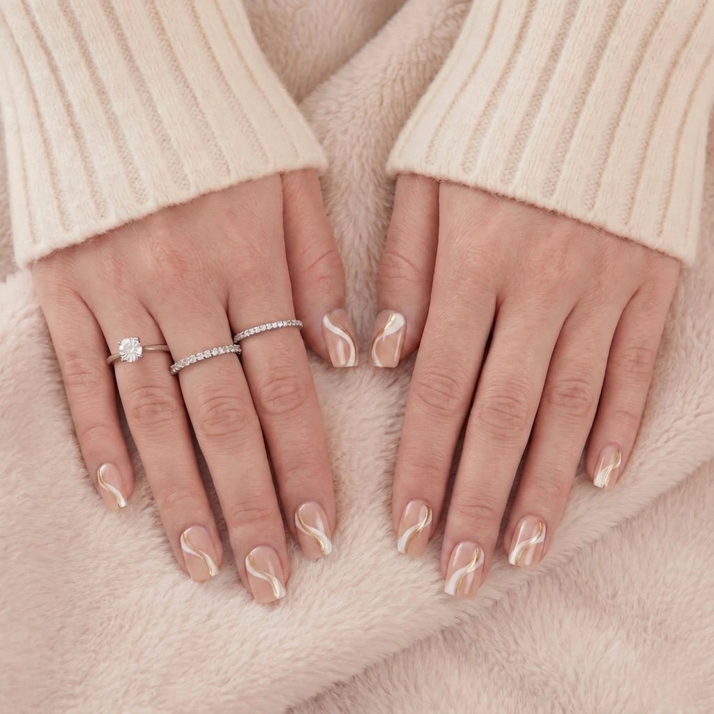 Nude nepnagels met witte en goudkleurige golflijnen, kort en vierkant, op een hand met ringen tegen zachte achtergrond.
