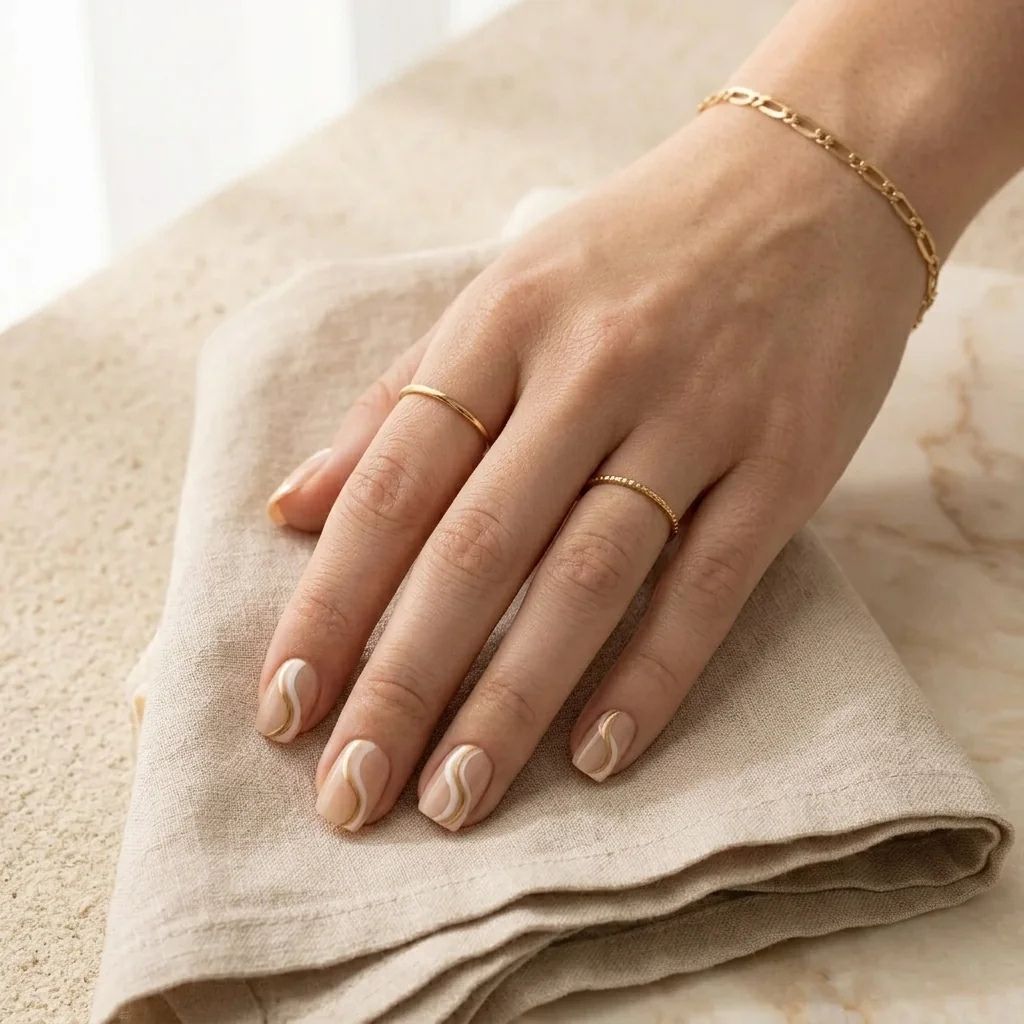 Korte, afgeronde press-on nagels in beige met witte en gouden golvende lijnen. Hand met gouden ringen en armband.